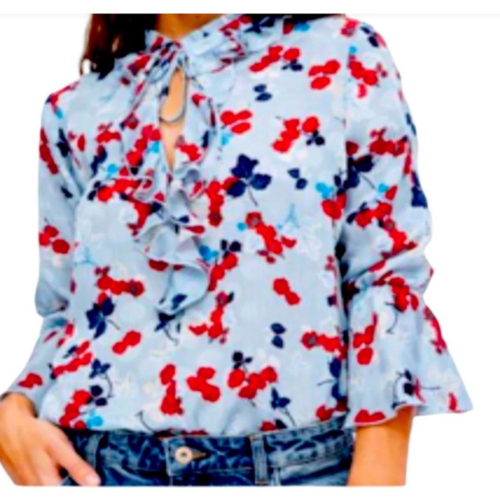 ZARA Flowery Blouse in Blue, Red vibrant colors ruffled. Size S. It’s perfect 👌